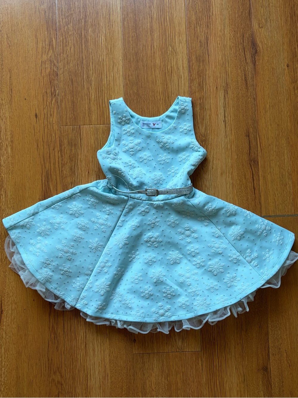 Girls Light blue with snowflake puff print Party Dress with silver glitter Belt